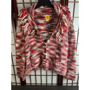 Vintage Ruby Rd. chunky knit cardigan sweater with fringe detail